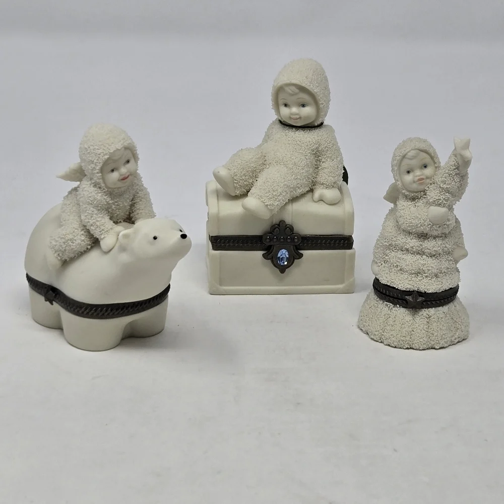VINTAGE DEPARTMENT 56 SNOWBABIES HINGE SMALL TRINKET BOX SET OF 3 COLLECTIBLE